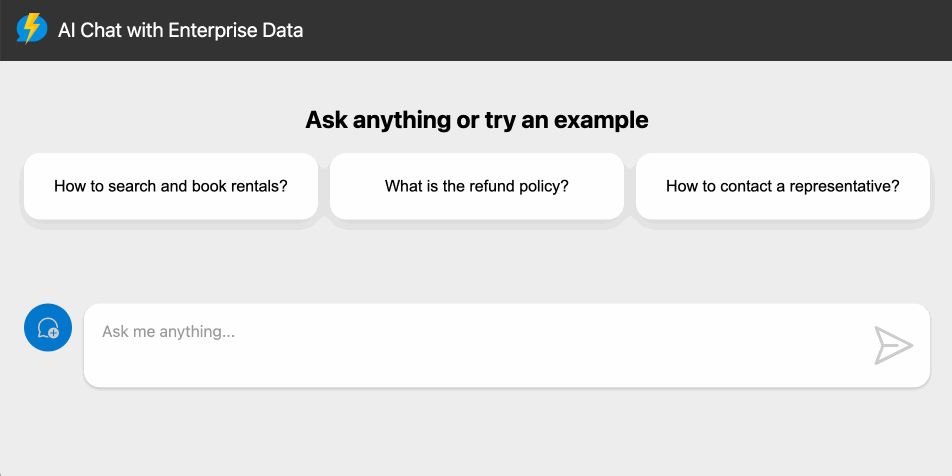 瀏覽器中聊天應用程序的屏幕截圖，顯示聊天文本框和聊天輸入的幾個建議。