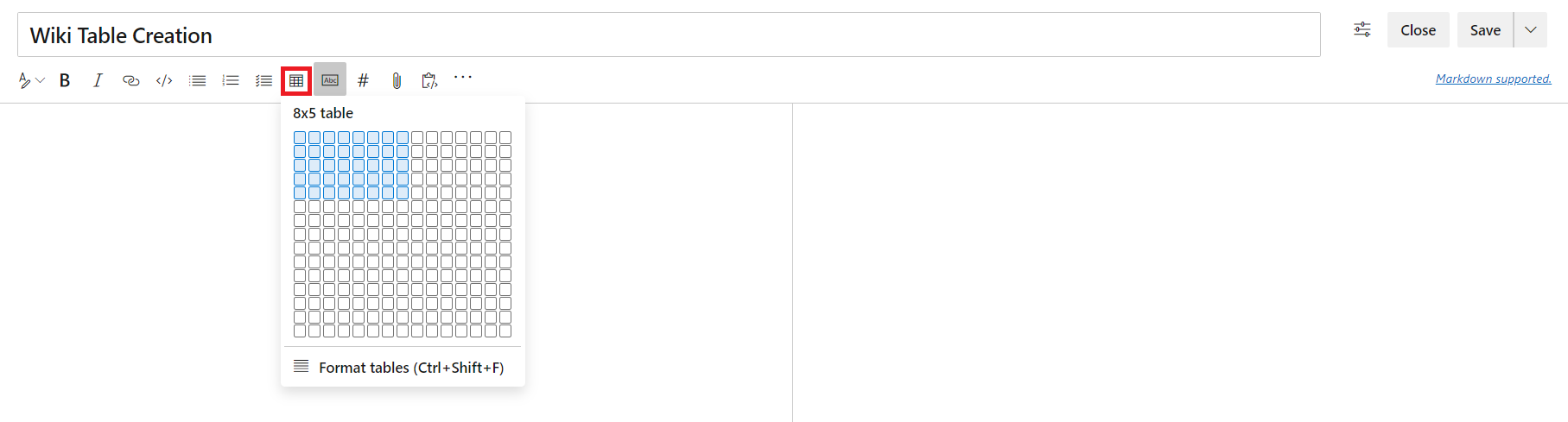 顯示空白 Wiki 頁面的螢幕快照，其中已選取 [格式數據表] 選項。