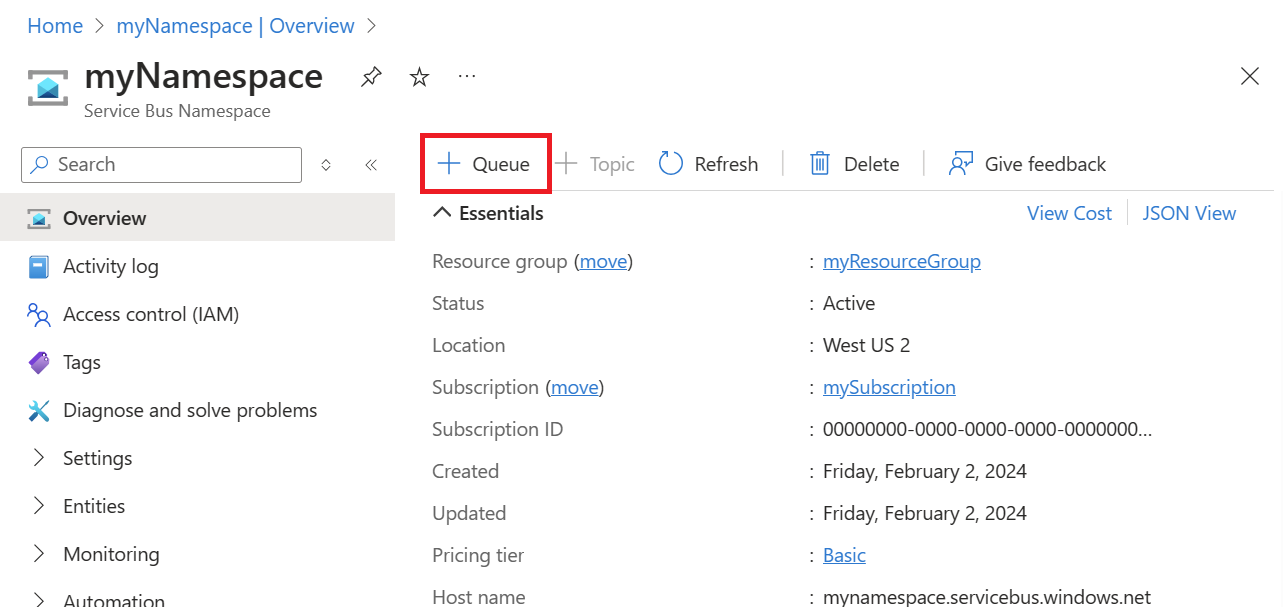 命名空間概觀頁面的螢幕擷取畫面，以新增佇列。