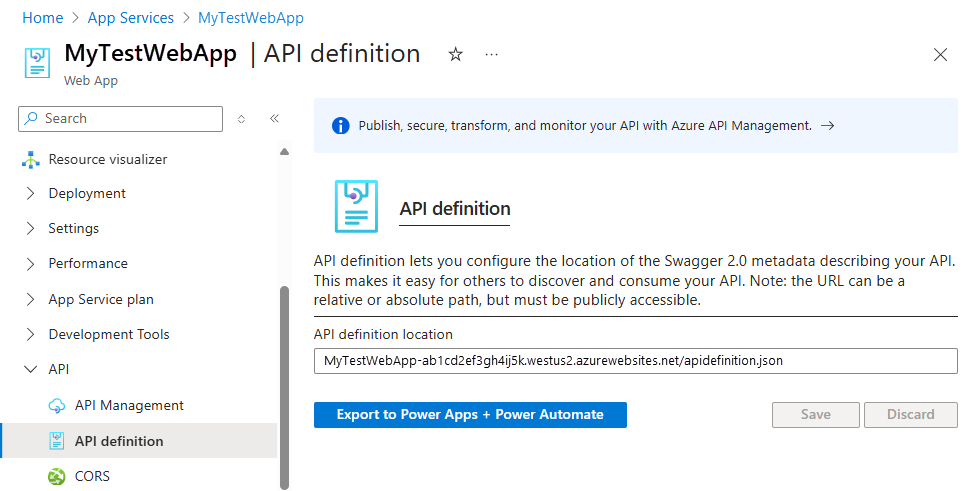 螢幕擷取畫面顯示 Azure 入口網站、Web 應用程式的 API 定義頁面，以及 API Swagger 檔的 URL。