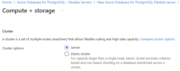 螢幕擷取畫面：[計算 + 儲存體設定] 頁面的頂端區段。選取 [伺服器]。清除 [彈性叢集]。