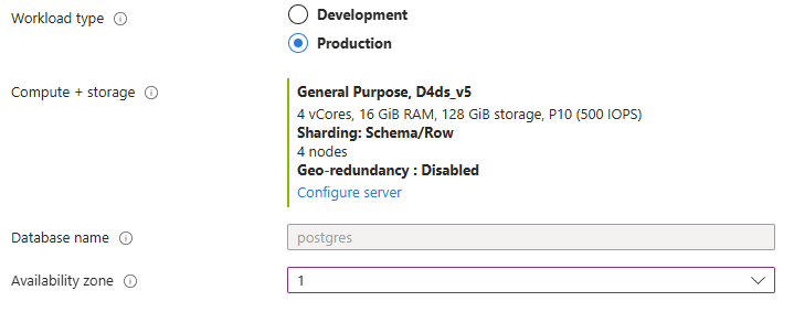 螢幕擷取畫面：主要設定頁面。[計算 + 儲存體] 區段具有新行 [分區化結構描述/資料列] 以及陳述四個節點的一行。顯示值 postgres 為灰色的 [資料庫名稱] 欄位。