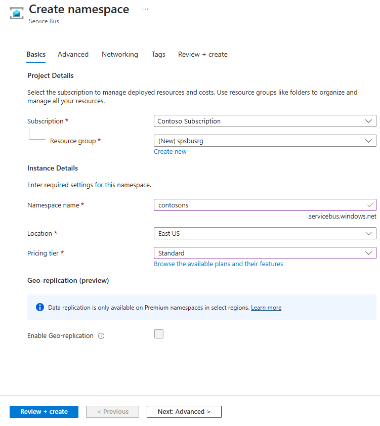顯示 [建立命名空間] 頁面的螢幕快照