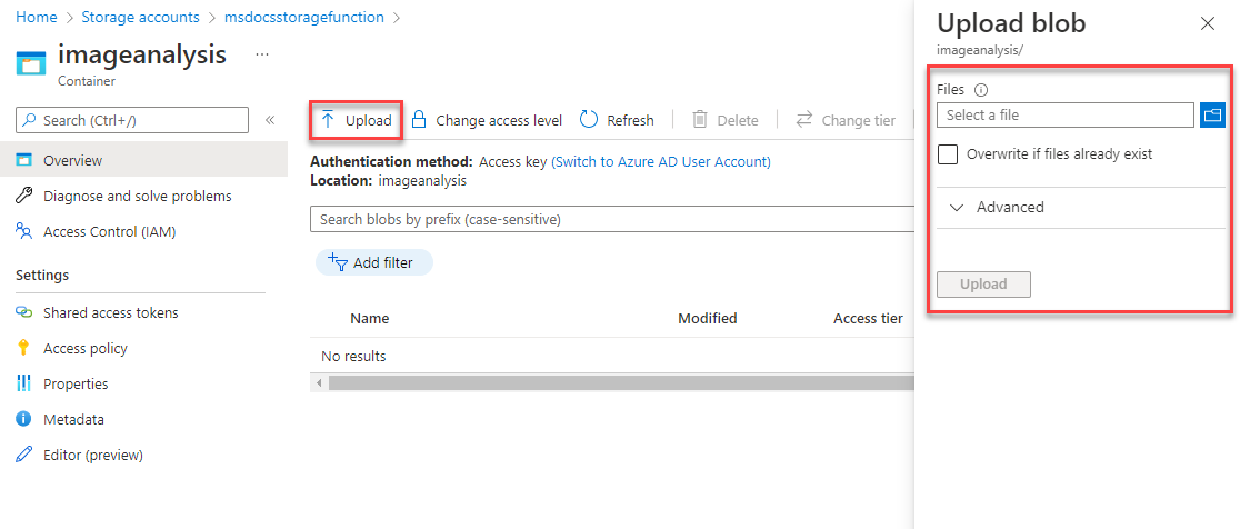 顯示如何上傳 Blob 至儲存體容器的螢幕擷取畫面。