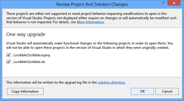 檢閱 [專案和方案變更] 對話方塊。