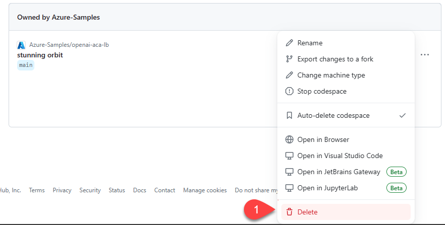 顯示單一程式碼空間功能表的螢幕快照，其中已醒目提示 [刪除] 選項。