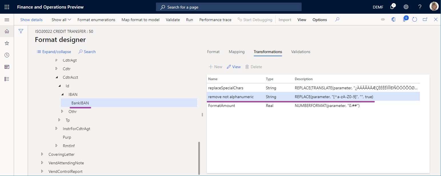 BankIBAN 元素的轉換索引標籤。
