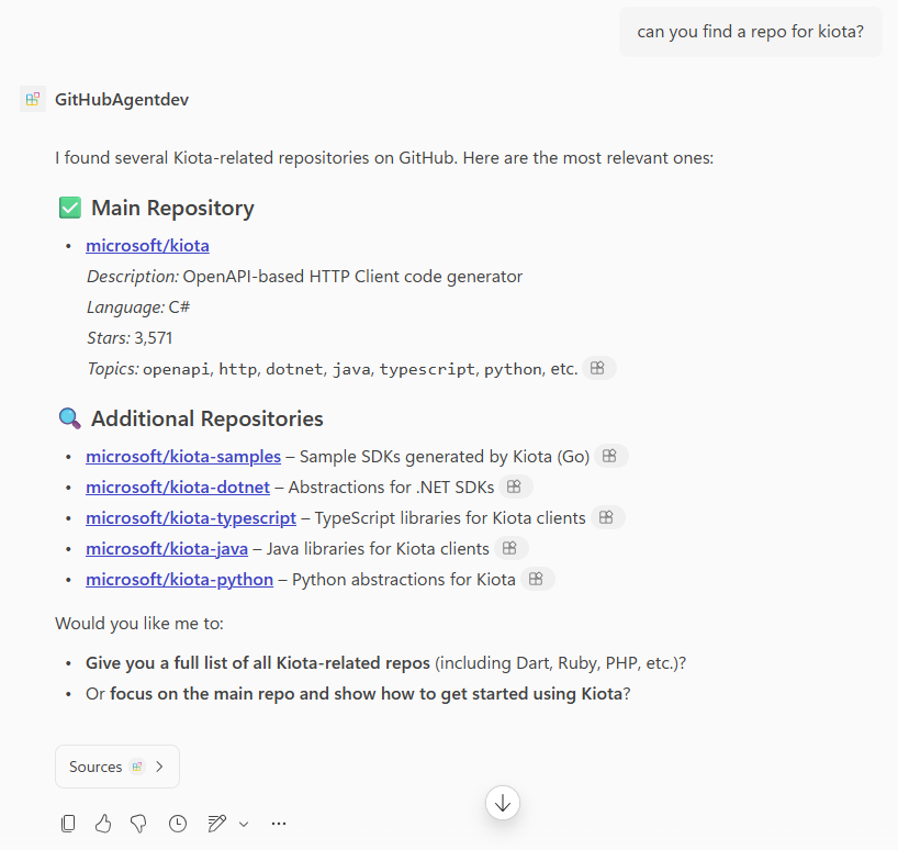 A screenshot of the agent's response to a query for repositories