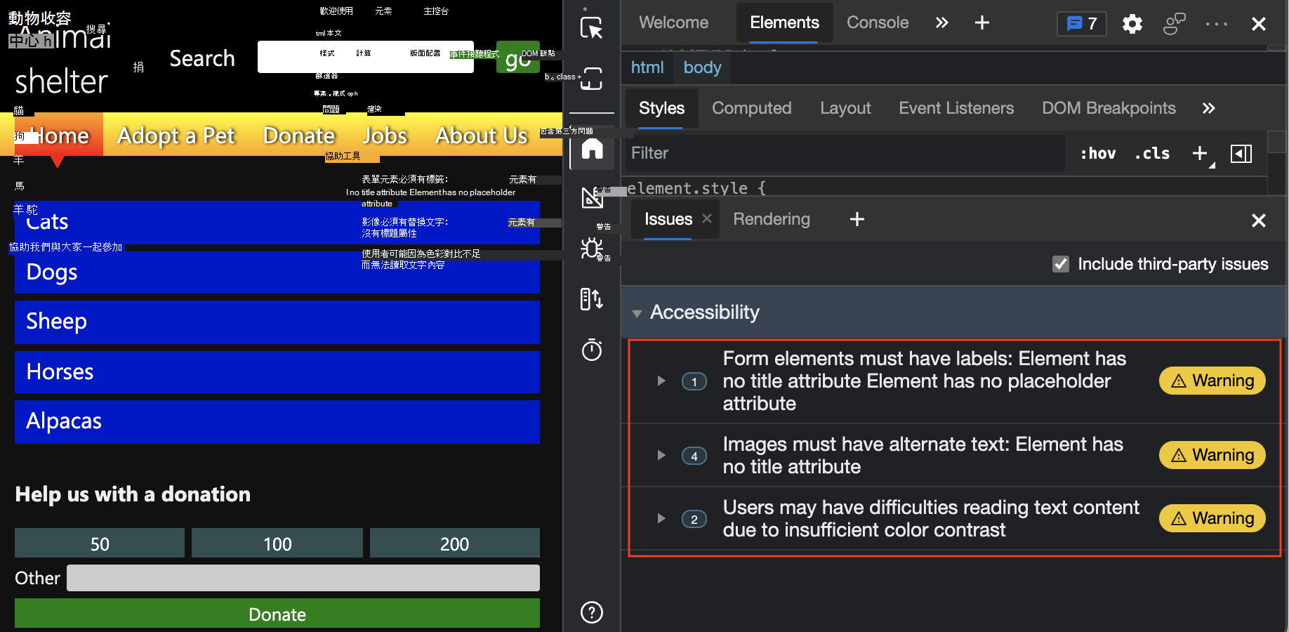 問題工具中顯示的無障礙警告