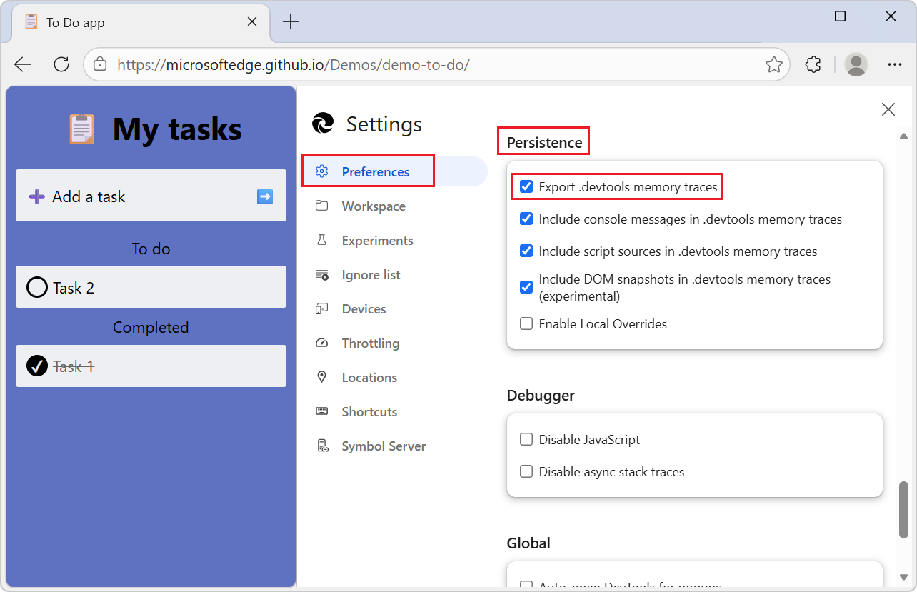 DevTools 的設定面板，顯示匯出類型選項