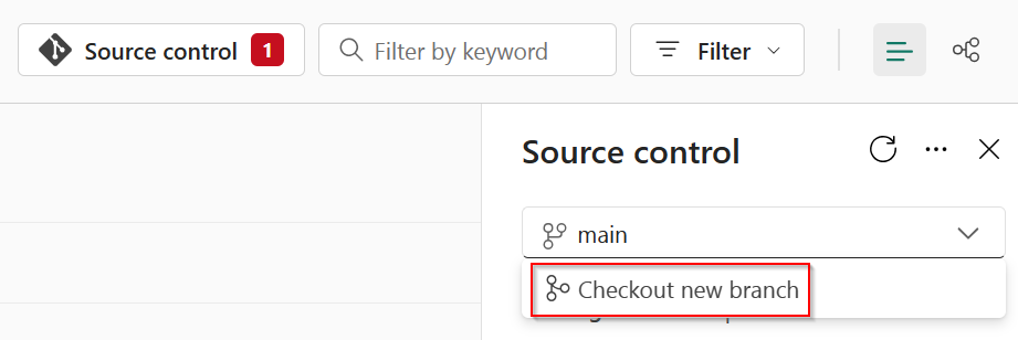 顯示在原始檔控制畫面簽出新分支的螢幕擷取畫面。