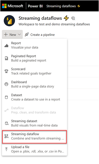 顯示 [新增] 功能表選項的螢幕擷取畫面，其中已醒目提示串流資料流程。