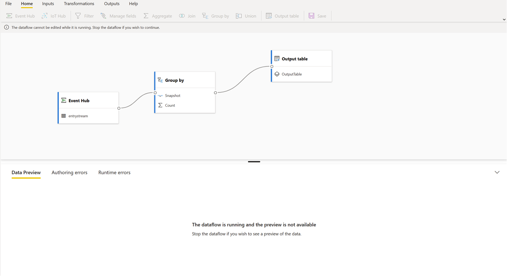 顯示串流資料流程執行時已停用資料預覽螢幕擷取畫面。