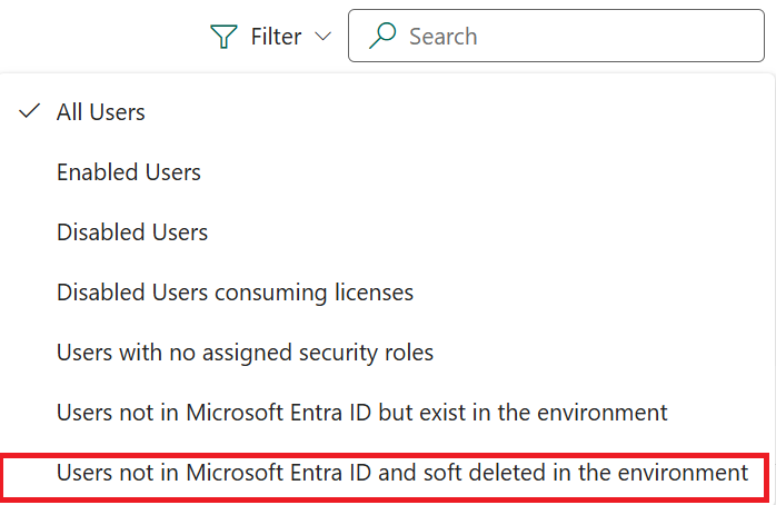 從頂部功能表中為不在 Entra 中的使用者選擇篩選器。