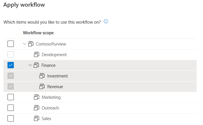 資料目錄範圍應用程式的螢幕擷取畫面，顯示單一集合及其選取的子集合。