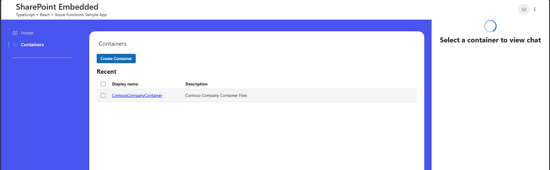 SPE Typescript App running in edge with a created container from above ContosoCompanyContainer