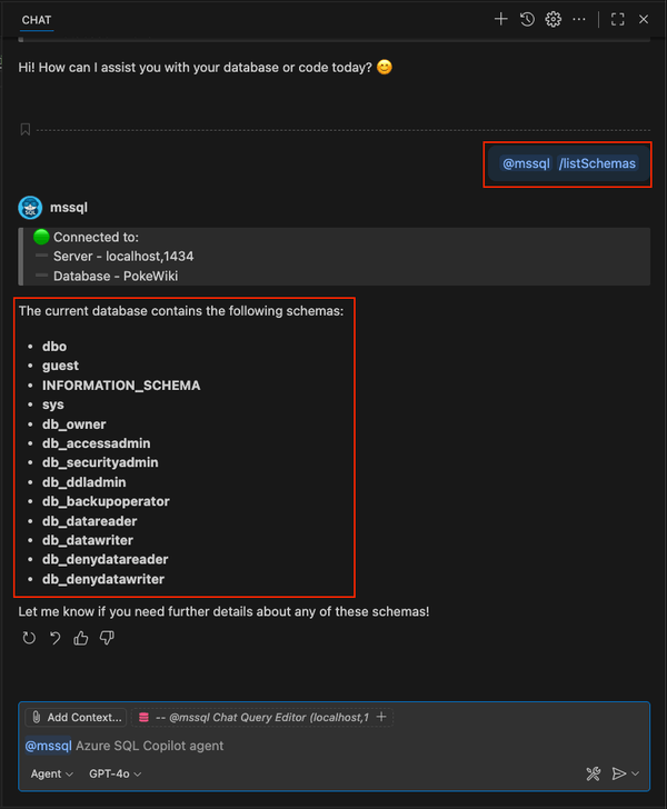 在 GitHub Copilot 聊天中使用 /listSchemas 斜線命令的螢幕擷取畫面。