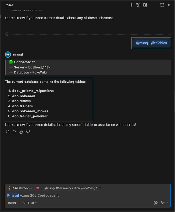 在 GitHub Copilot 聊天中使用 /listTables 斜線命令的螢幕擷取畫面。