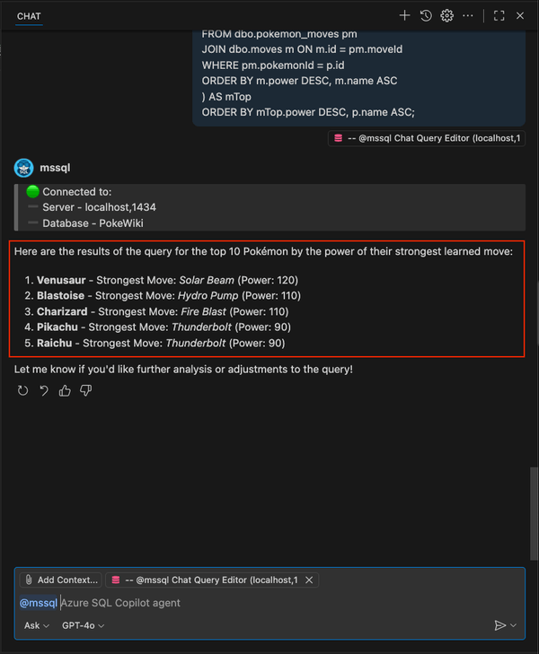 螢幕截圖顯示了強力頂級寶可夢的 /runQuery 斜線命令結果。