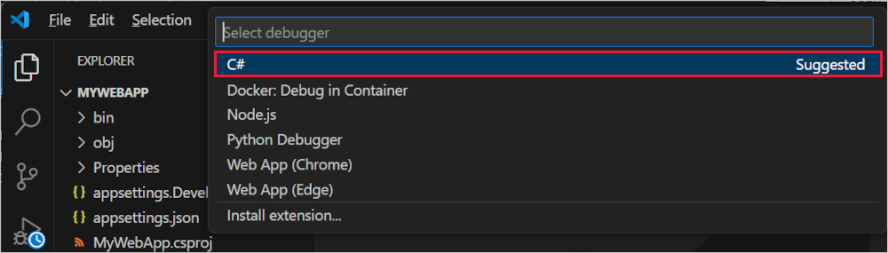 在 [命令選擇區] 中選擇 [選取調試程式] 的螢幕快照。