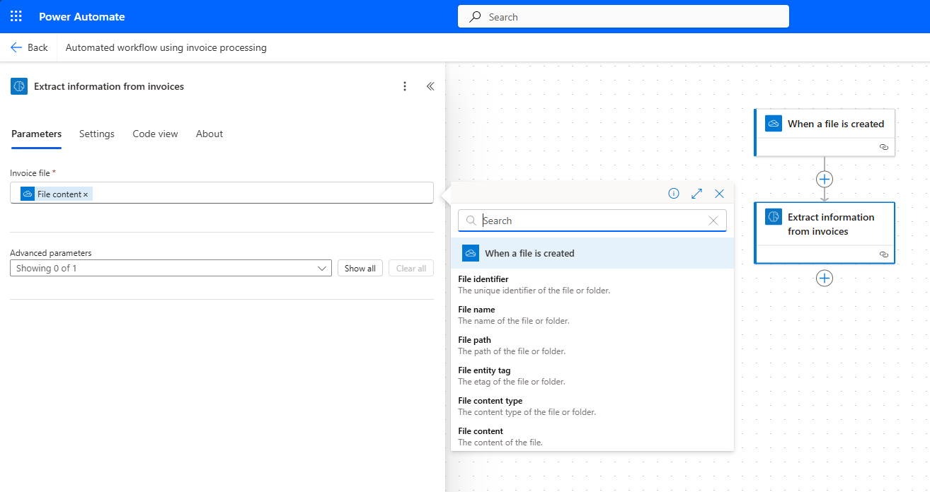 Dialogs for When a file is created, Process and save information from invoices, and Dynamic Value with File content selected.
