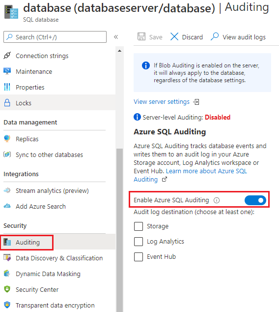 顯示如何開啟 Azure SQL 資料庫的稽核的螢幕快照。