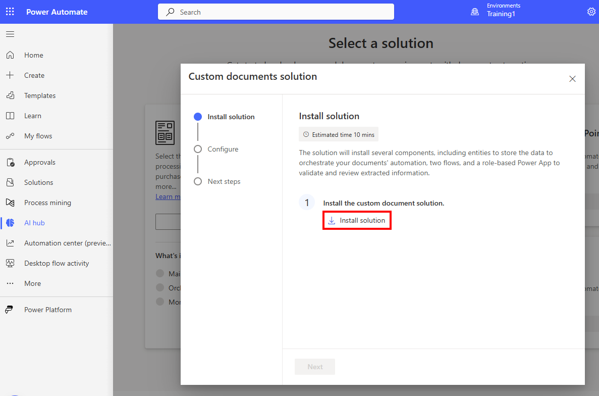 Custom documents solution wizard showing the first page, Install solution.