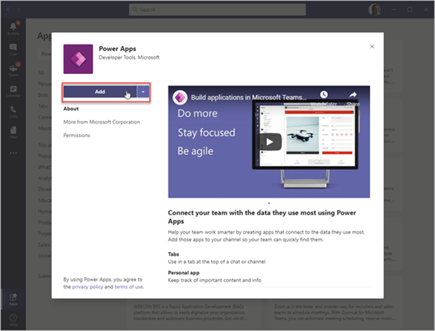Screenshot of the Add button to add Power Apps to your Teams client.