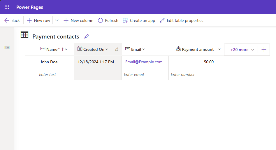 Screenshot of the Payment contact table with the payment record added.