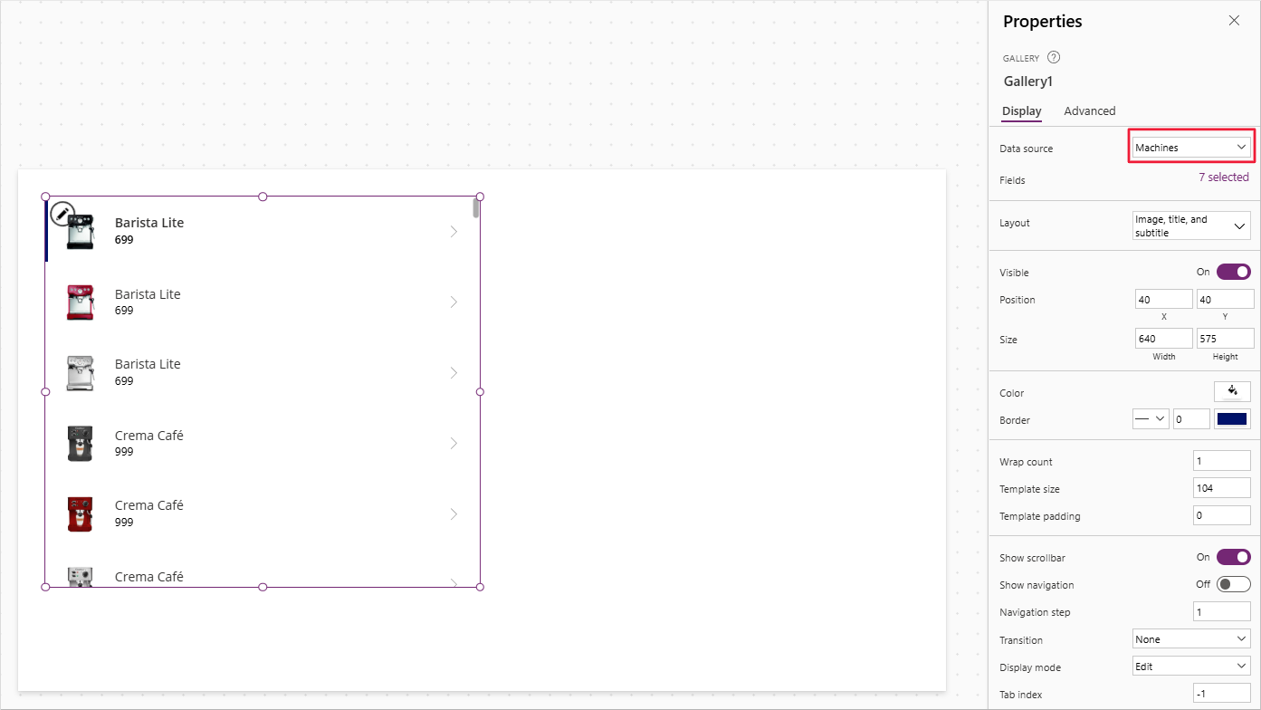 Screenshot of the Gallery control is on the screen and selected. In the Properties panel the data source is highlighted showing the Machines table.
