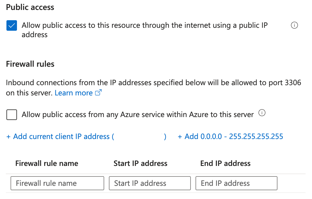 公用存取的網路連線選項螢幕快照,以及防火牆規則清單。