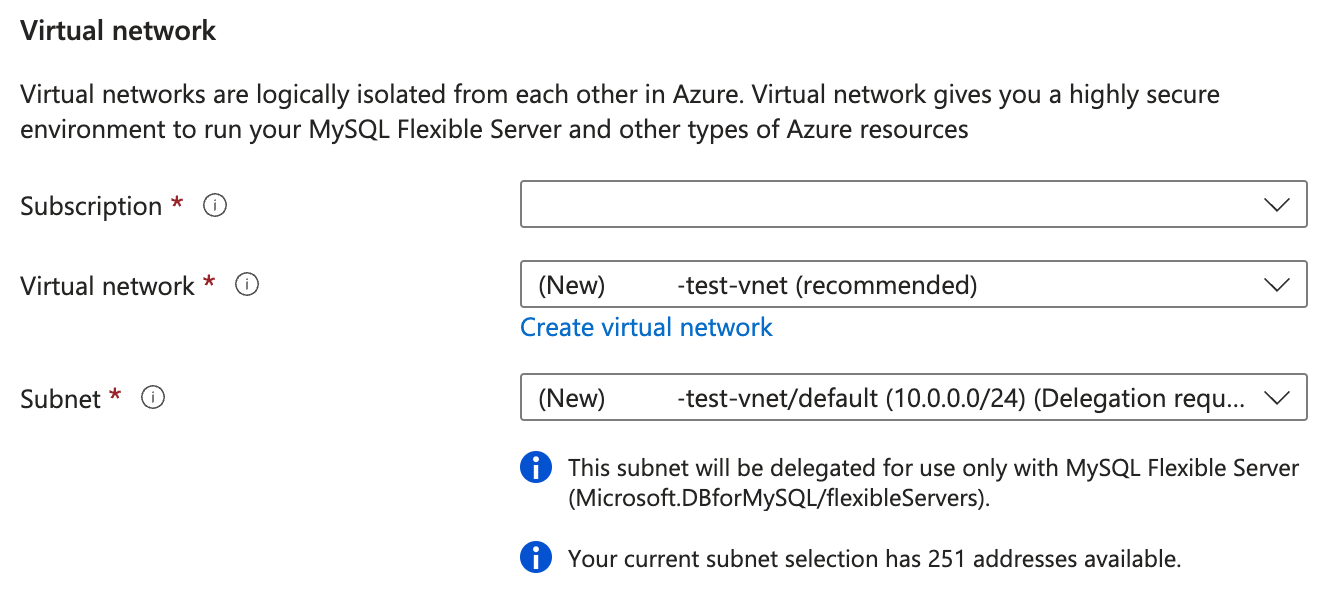 虛擬網路設定的螢幕快照,包括訂用帳戶、虛擬網路和子網。