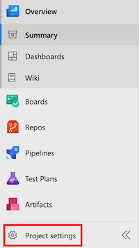 Azure DevOps 的螢幕擷圖。專案設定的選單項目已突出顯示。