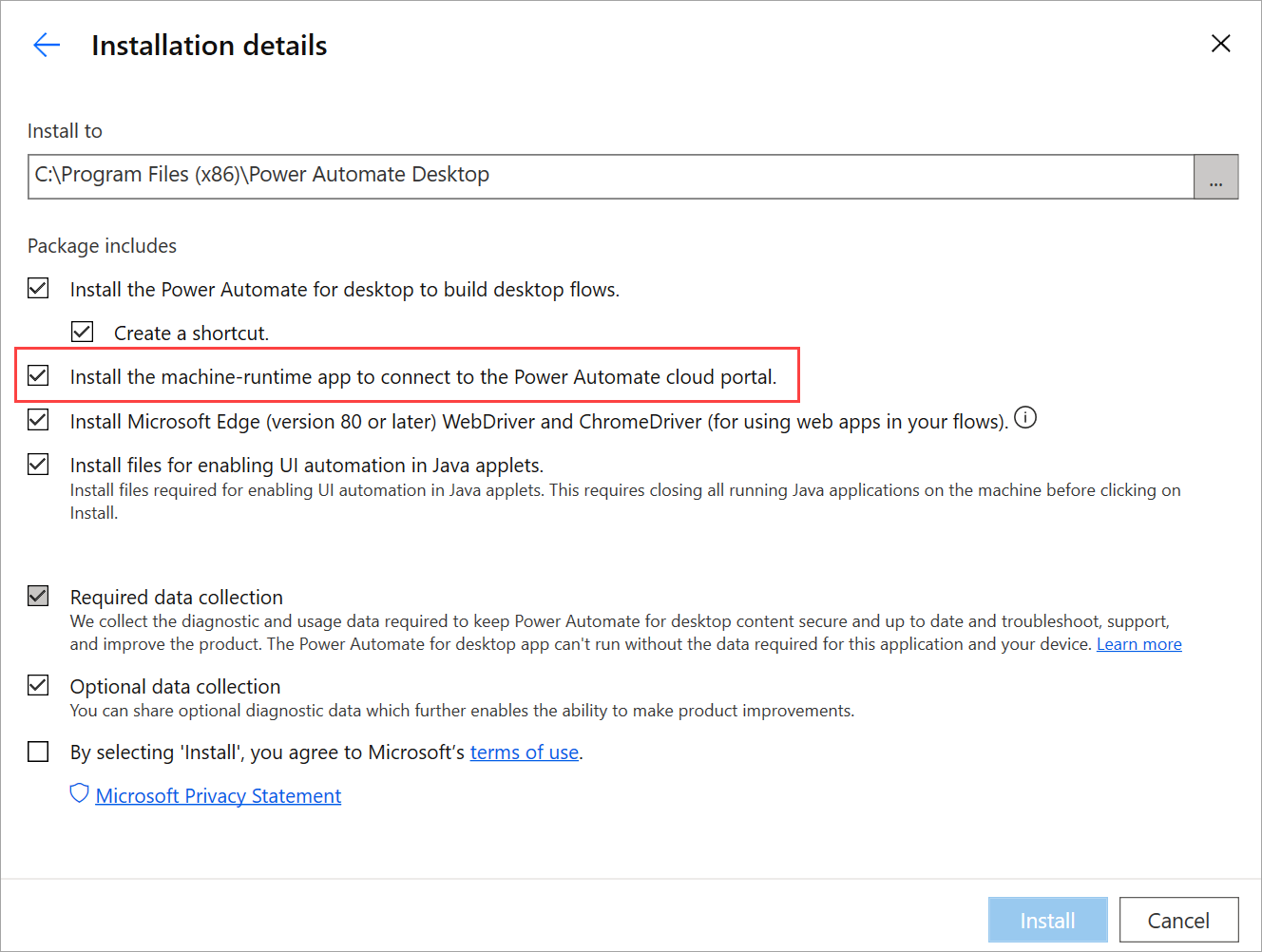 Screenshot of Power automate desktop installation details showing the machine-runtime app installation checked.