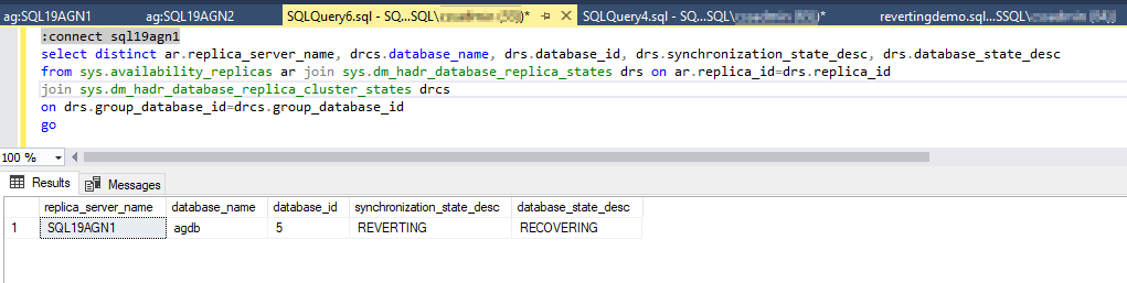 在次要復本上回報 REVERTING 的 AlwaysOn DMV 螢幕快照。