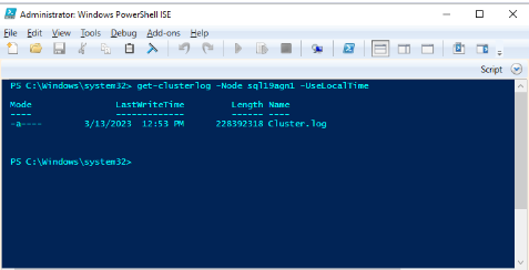 顯示 PowerShell 視窗的螢幕快照，其中包含 sql19agn1 做為 SQL Server 名稱。