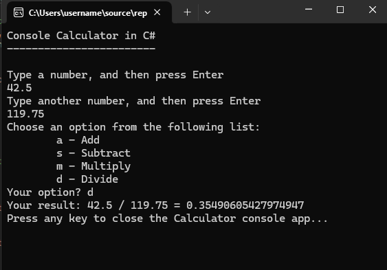 主控台視窗的螢幕快照，其中顯示計算機應用程式現在接受十進位數，並傳回較長的小數結果。