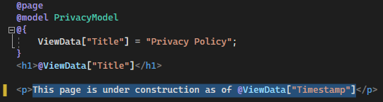 螢幕快照顯示在 Visual Studio Code 編輯器中開啟的 Privacy.cshtml 檔案，其中包含更新的文字。