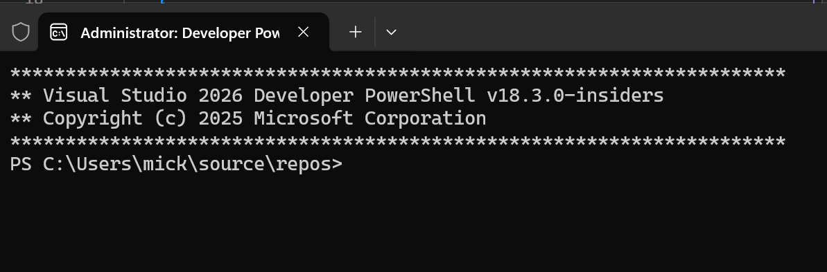 Visual Studio 中開發者 PowerShell 工具的截圖。