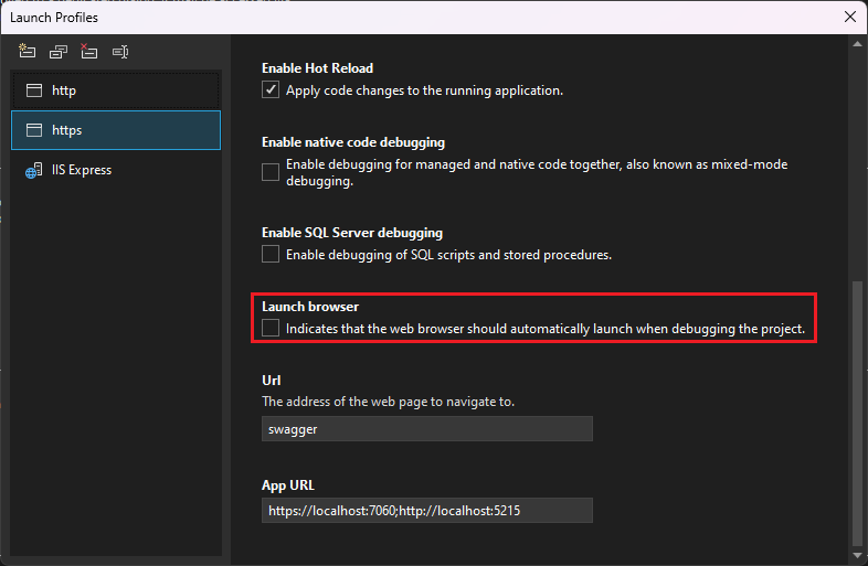 顯示偵錯啟動設定檔介面的螢幕快照。