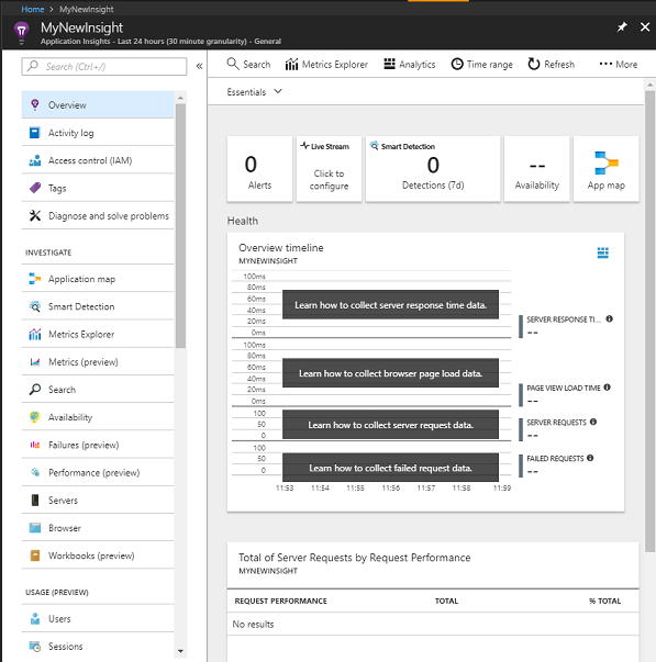 顯示 Application Insights Service 實例的螢幕快照，其中實例名稱為 MyNewInsight。