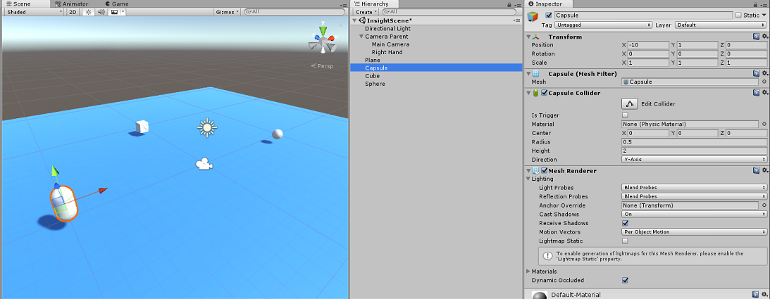 場景、階層和偵測器面板的螢幕快照。在 [階層] 面板中選取了 [小艙]。