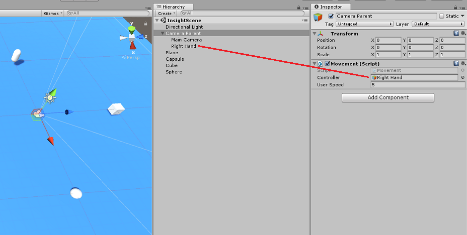 顯示階層和偵測器面板的螢幕快照。這兩個面板上的一條線會連接右側。