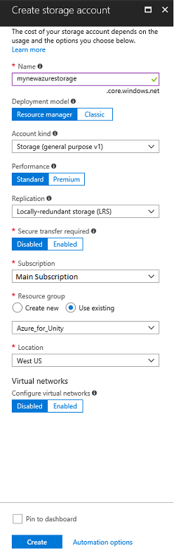 建立儲存體帳戶頁面的螢幕擷取畫面。