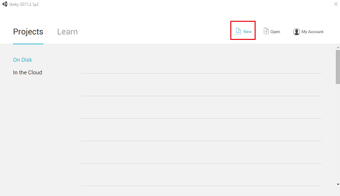 Unity 專案索引標籤的螢幕擷取畫面。[新增] 按鈕會醒目提示。