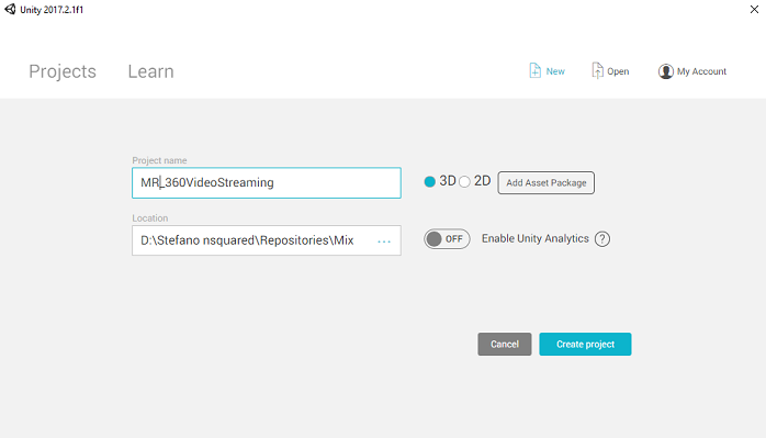 Unity 新專案頁面的螢幕擷取畫面。